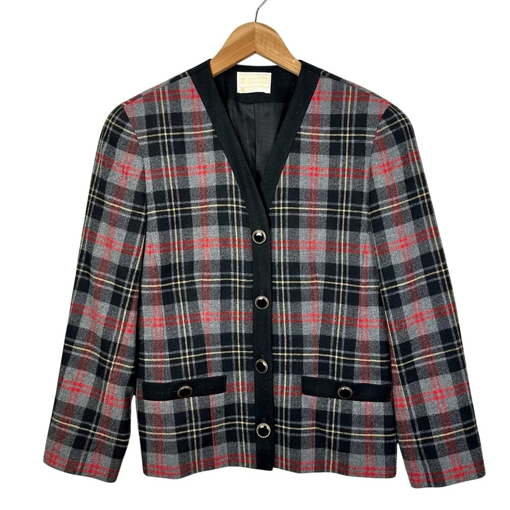 Vintage Pendleton Wool Plaid Blazer Jacket Size 8 Grey Red Black Tartan Classic